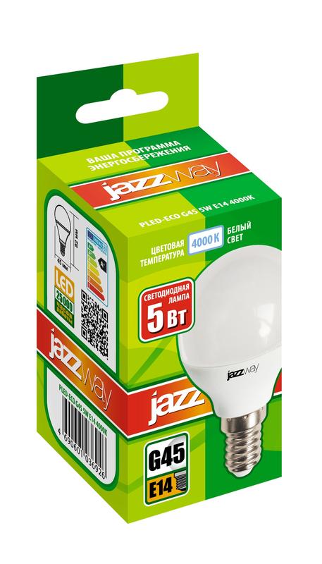 Лампа светодиодная PLED-ECO 5Вт G45 шар 4000К нейтр. бел. E14 400лм 220-240В JazzWay 1036926A